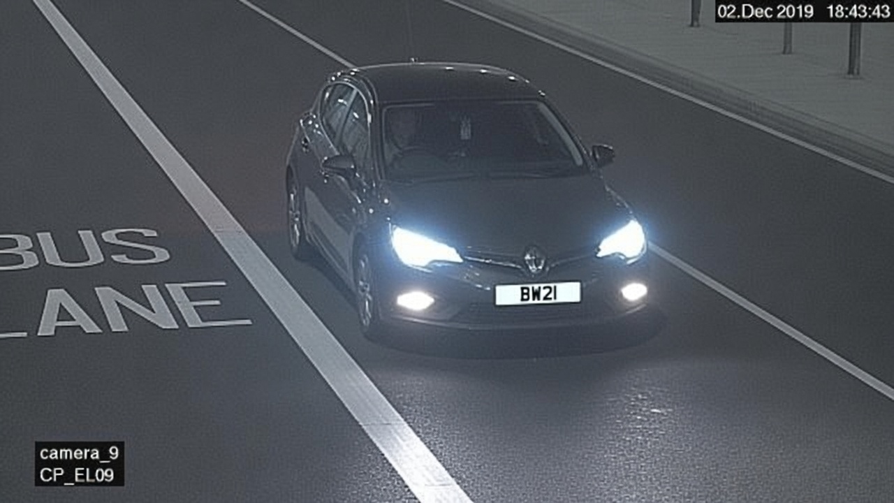 Camera evidence showing vehicle registration BW21 in a bus lane.