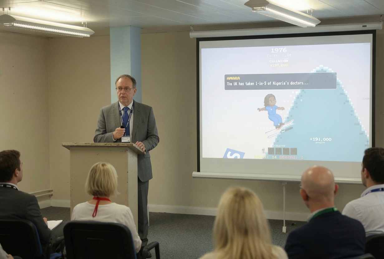 Davidson, a representative of the UK Political Education Forum, presents the Boriswave experience to invited guests at its launch.